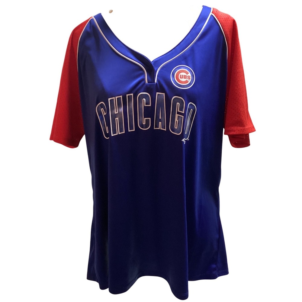 Majestic Chicago Cubs Womens 3XL Blue Red V-Neck Jersey Shirt Mesh Sleeve MLB